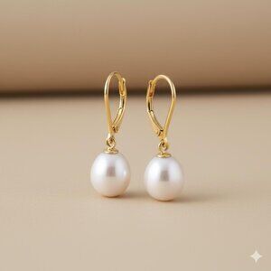 18k Gold Natural Freshwater Pearl Earrings, Single Pearl Earrings, Dropped Pearl